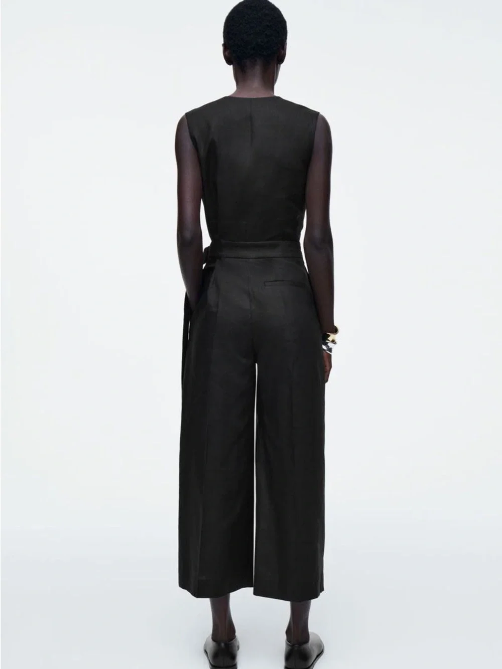 COS Wrap Front Black 100% Linen 3/4 Wide Leg Jumpsuit EUR 42/ US Large (10-12)